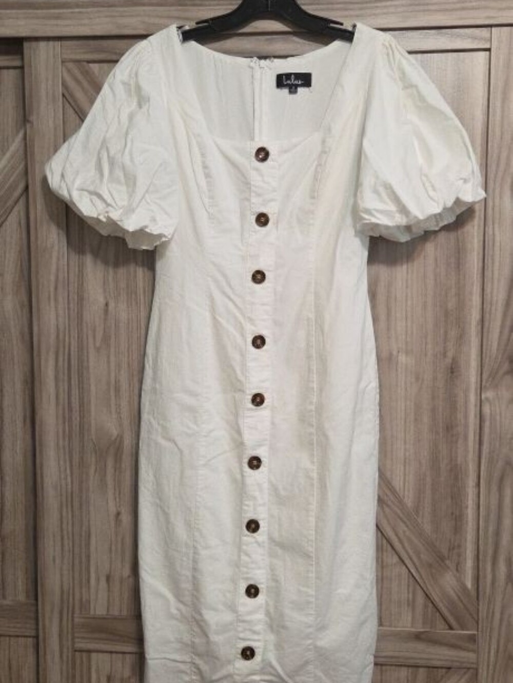 Lulu's White Puff-Sleeve Button-Accent Midi Dress